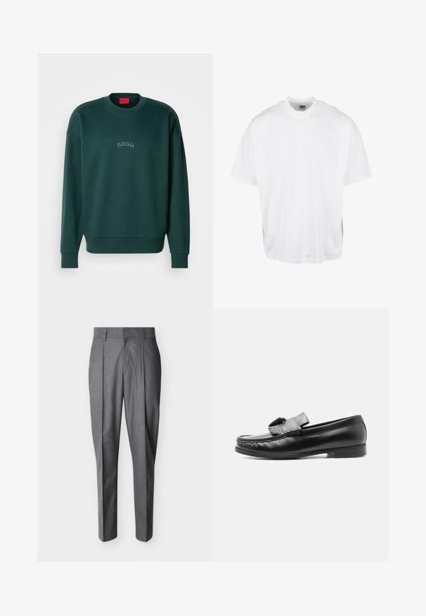 Sweatshirt vert foncé en tissu doux, doté d'un col rond, de poignets côtelés et d'un petit logo "Hugo" brodé sur le devant.; T-shirt en coton blanc avec une coupe décontractée, des manches courtes et un col rond, présentant un ourlet droit et sans graphiques ni motifs visibles.; Pantalon de tailleur gris avec plis et passants pour ceinture, présenté à plat sur un fond blanc.; Mocassin en cuir noir avec un détail pompon, talon bas et bout arrondi, présenté de profil sur un fond uni clair.