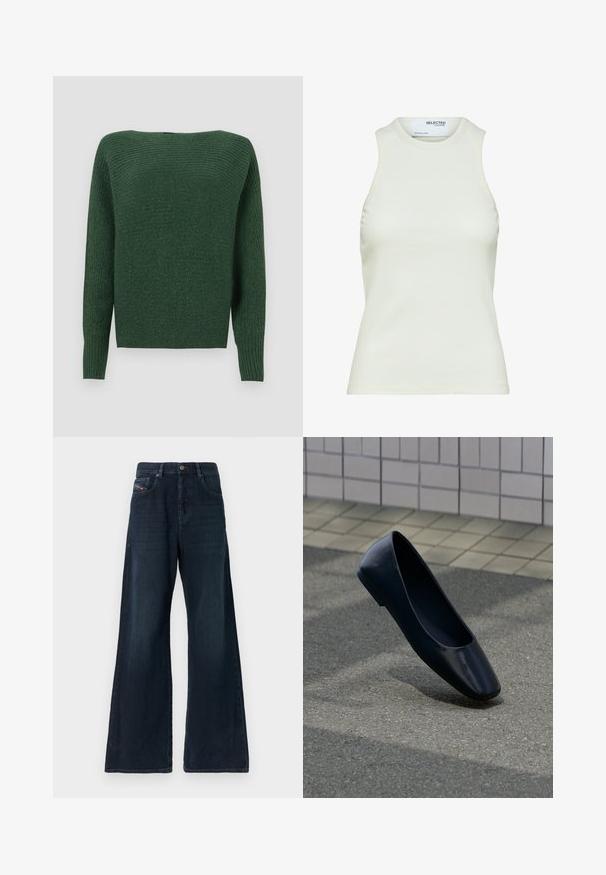 Mørkegrønt striktrøje med en tekstureret overflade, bred halsudskæring og lange ærmer. Kroppen har en lige skæring og ribbede manchetter.; Ærmeløs hvid ribbet tanktop med rund halsudskæring fra Selected Femme, viser frontvisning uden mønstre eller dekorationer.; Vidbenede mørk denimjeans med mellemhøj talje, forlommer, diskrete slidmærker og en ren kant. Har en lukning med metalknap.; Sort læder flad sko, stående opret på en asfaltbelægning nær en flisebelagt fortovskant.