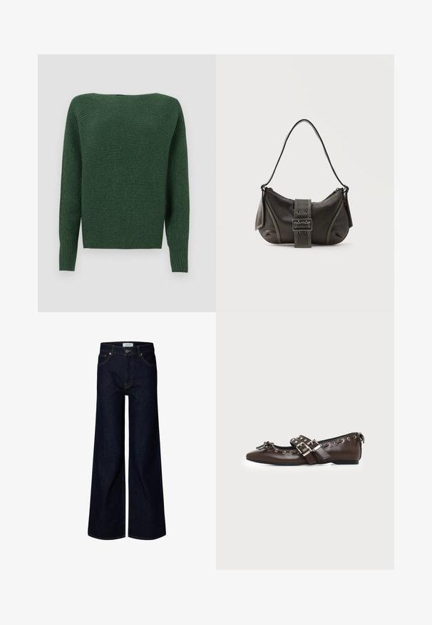 Mørkegrønt striktrøje med en tekstureret overflade, bred halsudskæring og lange ærmer. Kroppen har en lige skæring og ribbede manchetter.; Mørkeblå bredbenede denimjeans med frontknap og lynlås, bæltestropper og frontlommer, vist på en hvid baggrund.; Mørkebrune lædersko med flad sål og spids snude, dobbelt sølvsnørrebånd, metaløjer og dekorativ sløjfe foran.; Sort læder skuldertaske med spænde på remmen, afrundede kanter og kontrasterende hvide syninger på en ensfarvet baggrund.