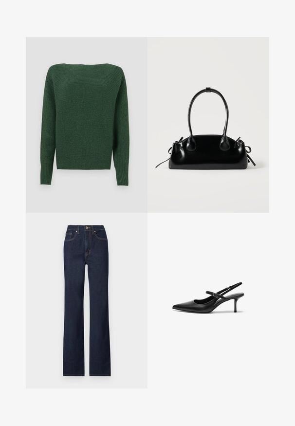Mørkegrønt striktrøje med en tekstureret overflade, bred halsudskæring og lange ærmer. Kroppen har en lige skæring og ribbede manchetter.; Mørkeblå denim jeans med lige ben, featuring en frontlukning med knap, fem lommer og kontrasterende syninger.; Sorte læder slingback hæle med spids tå, slank justerbar rem og en stiletto hæl på cirka 5 cm, glat tekstur.; Lille sort blank håndtaske med to lange håndtag og snøre-detaljer i siden på en ensfarvet lys baggrund.