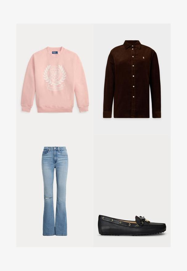 Sweat-shirt rose clair col rond avec blason blanc Polo Ralph Lauren Wimbledon représentant des raquettes de tennis et une couronne de laurier sur le devant.; Chemise en velours côtelé marron foncé à manches longues avec patte de boutonnage et petit logo brodé sur la poitrine gauche.; Jean évasé taille haute bleu clair avec poches avant, fermeture bouton et zip, et une petite déchirure au niveau du genou gauche.; Mocassin en cuir noir avec œillets dorés, nœud à lacets et semelle à clous en caoutchouc, présenté de profil sur un fond blanc.