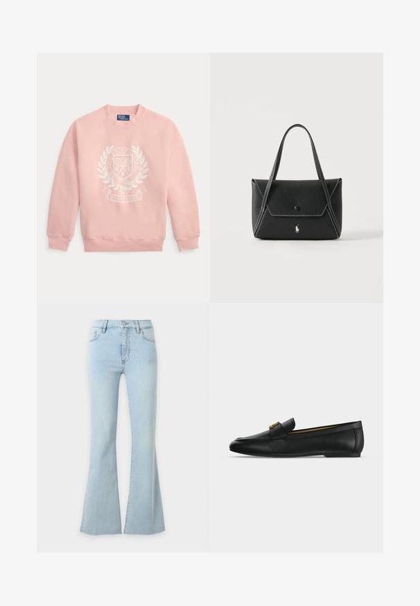 Sweat-shirt rose clair col rond avec blason blanc Polo Ralph Lauren Wimbledon représentant des raquettes de tennis et une couronne de laurier sur le devant.; Jean en denim bleu clair taille haute avec jambes évasées, fermeture par bouton et fermeture éclair, poches avant et arrière.; Chaussure mocassin en cuir noir avec un détail boucle en métal doré sur le dessus, semelle plate et couture le long du bord supérieur.; Sac à main en cuir noir avec deux poignées, rabat avant à fermeture par bouton, coutures blanches et petit logo cheval sur fond uni.