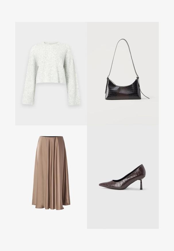 Pull gris clair en maille avec col rond, manches longues et poignets côtelés, présentant un motif texturé doux.; Jupe longue en A, fabriquée en tissu lisse et brillant de couleur beige clair. Elle dispose d'une taille élastique et d'un design drapé fluide.; Escarpins à bout pointu en similicuir marron avec une texture crocodile, dotés d’un talon fin et angulaire ainsi que d’une doublure intérieure lisse.; Sac à bandoulière noir à texture crocodile, fermeture éclair et longue lanière fine, présenté sur fond blanc.