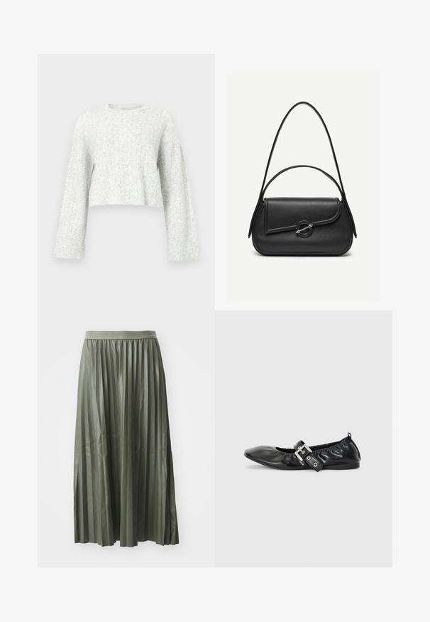 Pull gris clair en maille avec col rond, manches longues et poignets côtelés, présentant un motif texturé doux.; Jupe midi plissée en vert doux, réalisée en tissu brillant. Elle possède une taille élastique et tombe au milieu du mollet avec des plis verticaux régulièrement espacés.; Chaussure plate en cuir noir avec un nez pointu, des détails froncés autour de l'ouverture et un accent en boucle argentée sur la bride ajustable.; Sac à main en cuir noir avec bords arrondis, rabat asymétrique, fermoir circulaire en métal, et des bandoulières courtes et longues.