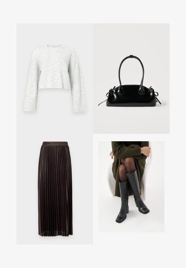 Pull gris clair en maille avec col rond, manches longues et poignets côtelés, présentant un motif texturé doux.; Jupe midi plissée en tissu marron foncé, avec une taille lisse, un design long jusqu'au sol et des plis verticaux pour une texture supplémentaire.; Bottes en cuir noires arrivant au genou, avec un bout carré et un talon carré, présentées sur un modèle assis dans un manteau vert olive. Texture lisse, détails minimaux.; Petit sac à main noir brillant avec deux longues anses et des détails à cordon sur les côtés sur un fond clair uni.