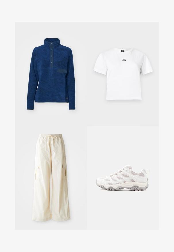 Marineblauwe fleece pullover met een hoge kraag, gestructureerd golfpatroon, knoopsluiting en een klein borstzakje. Rekbaar materiaal, lange mouwen.; Wit katoenen t-shirt met korte mouwen, een ronde hals en een zwart The North Face-logo op de borst. Eenvoudig, onopgesmukt ontwerp.; Brede cargo-broek van lichtbeige stof met een elastische tailleband, trekkoordsluiting en zijzakken. Hete gladde textuur met minimale details.; Lichtgrijze wandelschoen met een gestructureerd bovenwerk, meshpanelen en een rubberen zool. Voorzien van een opvallend vetersysteem en Merrell-logo aan de zijkant.