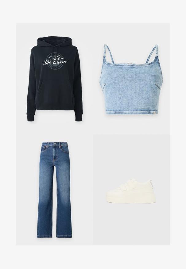 Čierna mikina s kapucňou vyrobená z bavlnenej zmesi, vybavená predným kloktacím vreckom, kapucňou so šnúrkou a kruhovou grafikou s textom "Nike Sportswear".; Svetlomodrý denimový crop top s tenkými nastaviteľnými ramienkami, s predným zipsom a hladkou textúrou, navrhnutý pre obopnutý vzhľad.; Modré džínsové nohavice s vysokým pásom a rovnými nohavicami, s predným zapínaním na gombíky a zips, a dizajnom s piatimi vreckami na jednofarebnom pozadí.; Biely platformový teniska s dvoma suchými zipsami a striebornými cvočkami na päte, zobrazená z boku na jednoduchom pozadí.