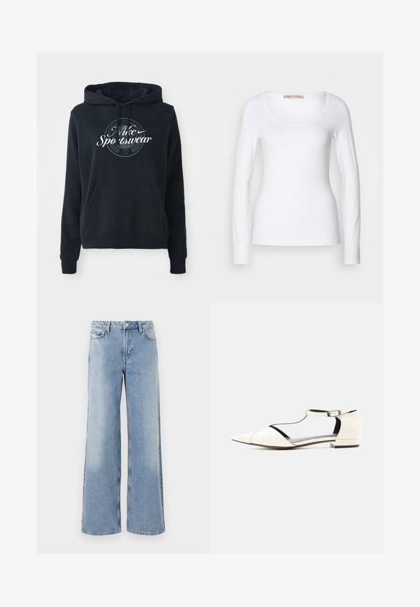Schwarzer Hoodie aus einem Baumwoll-Blend-Gewebe mit einer vorderen Kängurutasche, Kapuze mit Kordelzug und einem kreisförmigen Grafik mit dem Text "Nike Sportswear".; Langärmliges, weißes Baumwoll-T-Shirt mit einem U-Ausschnitt und einer figurbetonten Passform, glatter Textur und ohne Verzierung.; Hellblaue weit geschnittene Jeans mit einem verblassten Waschung, fünf Taschen, Knopfverschluss und geraden Säumen. Hergestellt aus Denim mit einer glatten Textur.; Weißer flacher Schuh mit spitzer Kappe, T-Riemen und Knöchelriemen, niedriger Absatz und ausgeschnittenen Seiten, auf neutralem Hintergrund präsentiert.