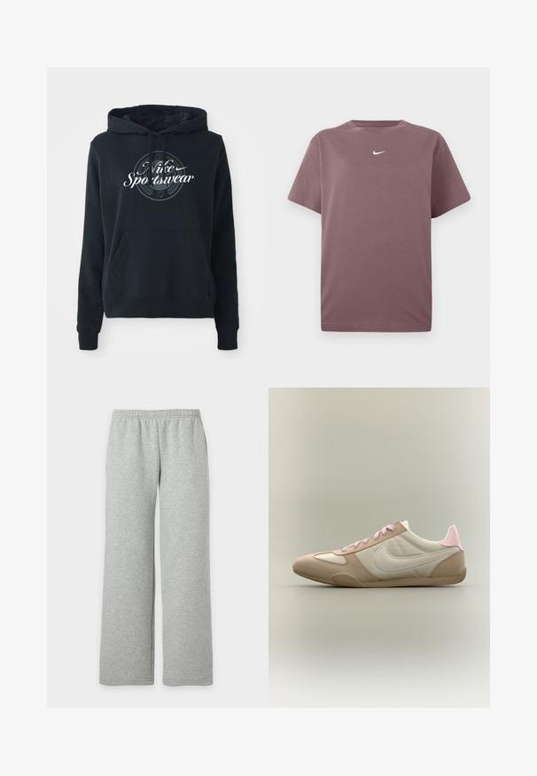 Sudadera negra hecha de una mezcla de algodón, con un bolsillo canguro frontal, capucha con cordones y un gráfico circular con el texto “Nike Sportswear”.; Camiseta de manga corta color malva, con cuello redondo, y pequeño logo de Nike en blanco centrado en el pecho, exhibida sobre fondo blanco.; Pantalones deportivos gris claro con cintura elástica y piernas rectas y anchas, mostrados sobre un fondo blanco liso.; Zapatilla de perfil bajo en beige y blanco con cordones rosas y detalle en el talón, mostrando el logo de Nike en el lateral sobre un fondo liso.