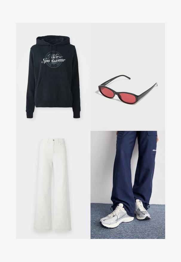 Čierna mikina s kapucňou vyrobená z bavlnenej zmesi, vybavená predným kloktacím vreckom, kapucňou so šnúrkou a kruhovou grafikou s textom "Nike Sportswear".; Biele džínsové nohavice široké nohavice s predným gombíkom a vreckami, zobrazené na jednoduchom svetlom pozadí.; Športové topánky Nike s strieborným sieťovaným zvrškom, bielymi detailmi a textúrovanými podrážkami, skombinované s voľnými námorníckymi nohavicami.; Čierne oválne slnečné okuliare s tenkými ramenami a červenými tónovanými šošovkami ležia na bielom povrchu.