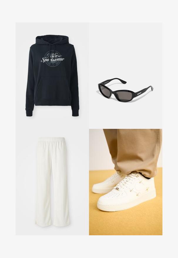 Čierna mikina s kapucňou vyrobená z bavlnenej zmesi, vybavená predným kloktacím vreckom, kapucňou so šnúrkou a kruhovou grafikou s textom "Nike Sportswear".; Krémyové nohavice s širokým strihom, vyrobené z ľahkého materiálu, s vertikálnymi pruhmi a elastickým pásom.; Biele kožené tenisky s perforovanou špičkou, zlatými akcentmi a plochými šnúrkami, v kombinácii s béžovými nohavicami na textúrovanej žltej ploche.; Čierne slnečné okuliare s obdĺžnikovým rámom, tmavými šošovkami, hladkým plastovým materiálom a kovovým akcentom na ramene.