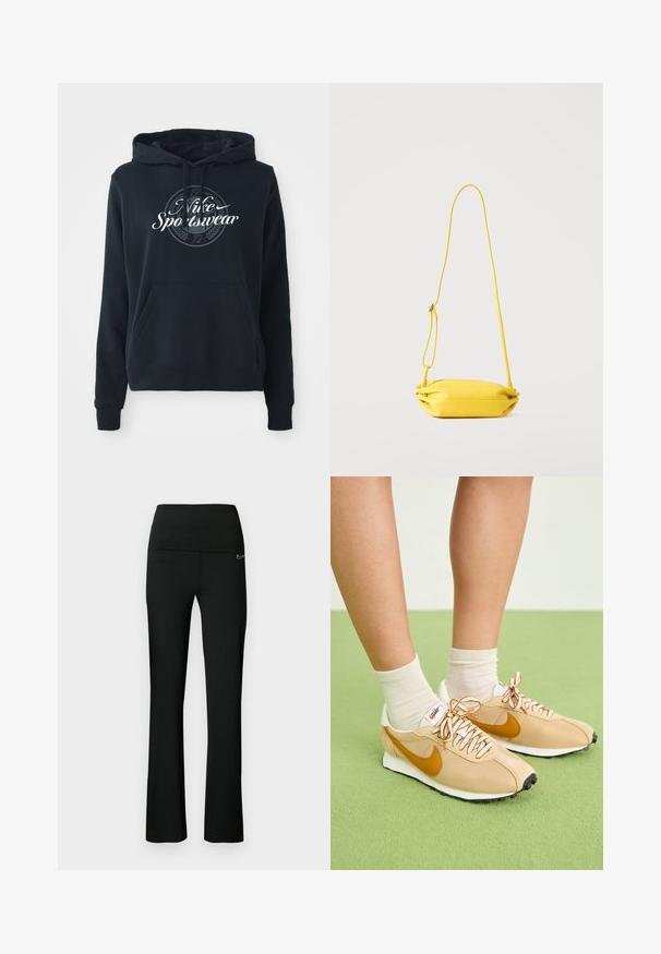 Schwarzer Hoodie aus einem Baumwoll-Blend-Gewebe mit einer vorderen Kängurutasche, Kapuze mit Kordelzug und einem kreisförmigen Grafik mit dem Text "Nike Sportswear".; Schwarze Sporthose mit tailliertem Bund und ausgestellten Beinen. Hergestellt aus elastischem Stoff, mit einem kleinen Logo an der Seite.; Beige Sneakers mit orangenem Swoosh, Obermaterial aus Mesh und Wildleder, weiße Schnürsenkel, schwarze Sohle, kombiniert mit cremefarbenen Knöchelsocken auf grünem Untergrund.; Gelbe Umhängetasche mit verstellbarem dünnem Riemen, weicher Struktur und Reißverschluss, vor einfarbig hellem Hintergrund gezeigt.