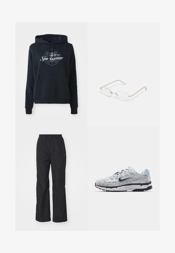 Sudadera negra hecha de una mezcla de algodón, con un bolsillo canguro frontal, capucha con cordones y un gráfico circular con el texto “Nike Sportswear”.; Pantalones negros ligeros con cintura elástica y cordón. Presentan un acabado texturizado y un pequeño logo reflectante en el costado.; Zapatillas Nike P-6000 con parte superior de malla gris claro, acentos negros y suela de goma negra duradera. Presentan un diseño intrincado y un sistema de cordones.; Gafas de metal dorado con lentes ovalados, brazos delgados y almohadillas nasales transparentes. Presentan sutiles acentos en las bisagras y lentes transparentes.