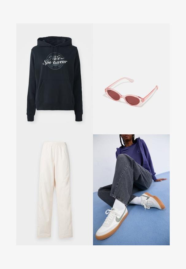 Sudadera negra hecha de una mezcla de algodón, con un bolsillo canguro frontal, capucha con cordones y un gráfico circular con el texto “Nike Sportswear”.; Pantalones de color crema con cintura elástica y corte de pierna recta, de ajuste suelto, exhibidos sobre un fondo blanco liso.; Zapatillas Nike blancas con detalles gris, suela de goma, usadas con calcetines blancos. Pantalones vaqueros de pierna ancha en gris oscuro, ligeramente desgastados. Fondo azul.; Gafas de sol transparentes rosas con lentes ovalados, tinte rojo oscuro y varillas delgadas, con un acabado suave y detalles sutiles en la montura.