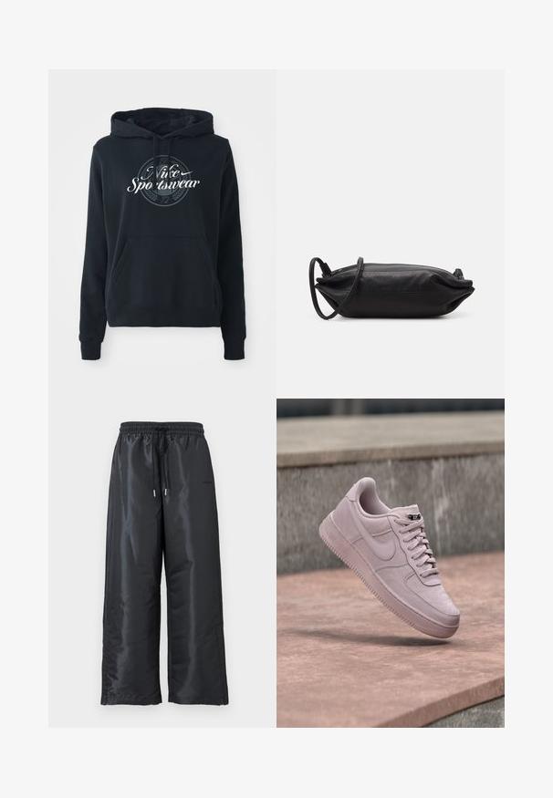Schwarzer Hoodie aus einem Baumwoll-Blend-Gewebe mit einer vorderen Kängurutasche, Kapuze mit Kordelzug und einem kreisförmigen Grafik mit dem Text "Nike Sportswear".; Schwarze, weite Hosen aus glänzendem, glattem Stoff. Mit einem elastischen Bund und einem Kordelzug sowie Seitentaschen.; Hellrosa Nike Air Force 1 Sneaker schwebt über einer rosa gefärbten Betonfläche mit einer grauen Steinmauer im Hintergrund.; Schwarze Leder-Clutch mit rechteckiger Form, glatter Textur, dünnem Schulterriemen und minimalistischer Gestaltung.