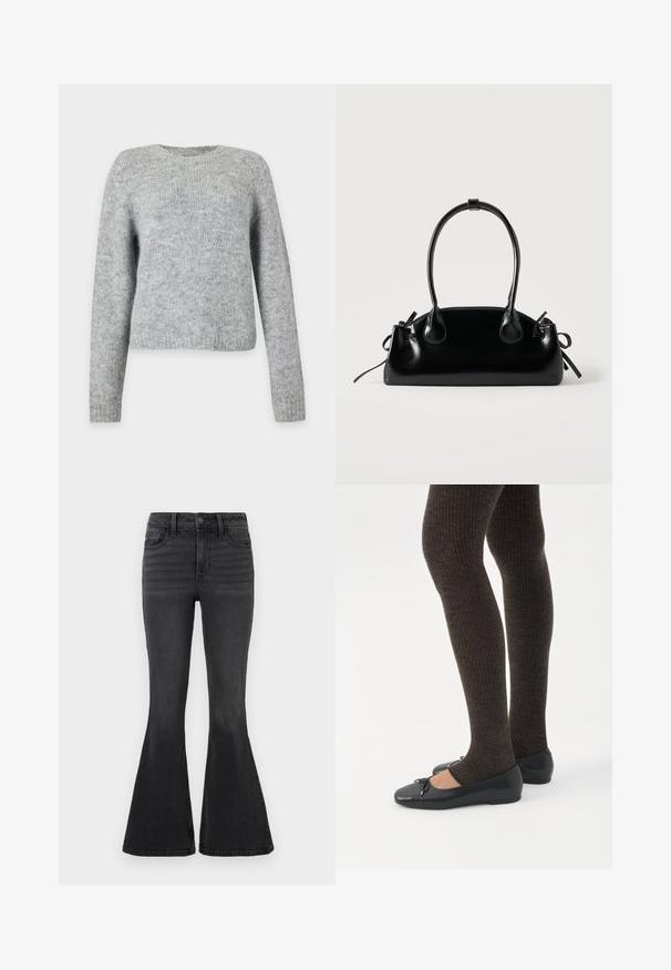 Pull tricoté gris clair à manches longues et col rond, présenté sur un fond blanc uni.; Jean noir évasé en denim de couleur unie, avec une taille standard, cinq poches et des détails de couture subtils à l'avant.; Jambes portant des leggings côtelés foncés associés à des ballerines noires avec de petits détails en nœud sur fond blanc.; Petit sac à main noir brillant avec deux longues anses et des détails à cordon sur les côtés sur un fond clair uni.