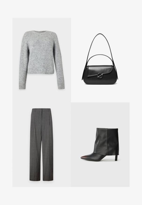 Lichtgrijze gebreide trui met lange mouwen en een ronde hals, weergegeven op een effen witte achtergrond.; Vero Moda VMSIKITA WIDE DAD PANT - Broek - medium grey/black; Zwarte enkellaars van glad leer met een puntige neus en een taps toelopende hak. Het bovenwerk heeft een licht geplooid ontwerp.; Zwarte leren schoudertas met een gebogen klep die is bevestigd met een ronde metalen sluiting en een smalle, verstelbare band.