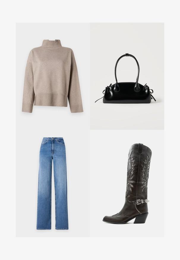 Beige højhalset sweater med ribbet krave og kant, i en rummelig form og blød tekstur. Lange ærmer med ribbede manchetter, moderne design.; Lyseblå vide denimbukser med høj talje, frontlommer og standard knaplukning. Glat tekstur.; Sort læder cowboystøvle med dekorative udskæringer, sølvspænde og skrå hæl, vist på hvid baggrund.; Lille sort blank håndtaske med to lange håndtag og snøre-detaljer i siden på en ensfarvet lys baggrund.