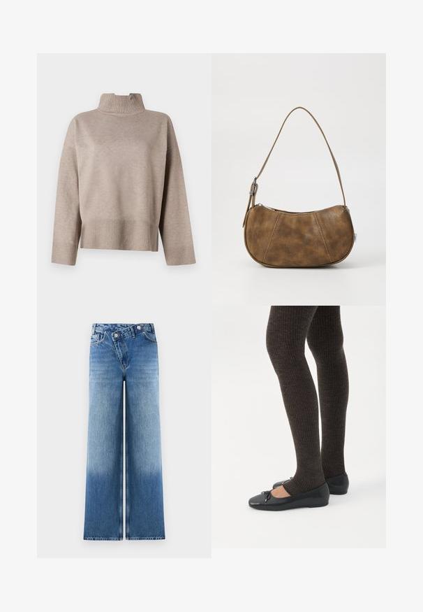 Beige højhalset sweater med ribbet krave og kant, i en rummelig form og blød tekstur. Lange ærmer med ribbede manchetter, moderne design.; Lysblå vidde jeans med en falmet vask, der har et klassisk fem-lomme design og metalknap detaljer i taljen.; Ben iført mørke ribbede leggings kombineret med sorte balletsko med små sløjfedetaljer på hvid baggrund.; Brun faux læder skuldertaske med en buet form, en enkelt strop, kontrasterende syninger og en lynlåslukning langs den øverste kant.