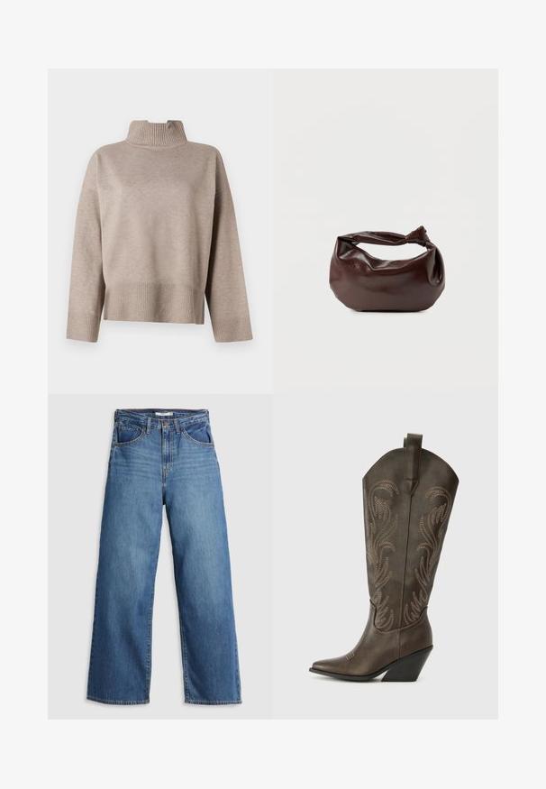 Beige højhalset sweater med ribbet krave og kant, i en rummelig form og blød tekstur. Lange ærmer med ribbede manchetter, moderne design.; Blå denim brede jeans med høj talje, der har fem lommer, kontrastsyning og lynlås.; Brune læder cowboystøvle med spids tå, kilehæl og dekorativ broderi. Har en høj stok og en trækflap.; Mørkebrun læder skuldertaske med en blød, afslappet form og et snoet knudehåndtag på en ensartet hvid baggrund.
