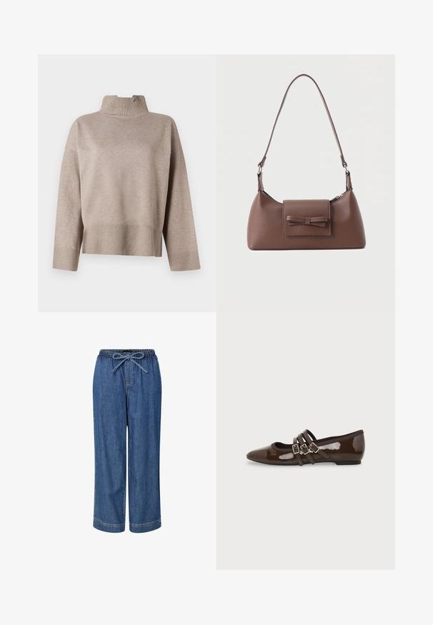 Beige højhalset sweater med ribbet krave og kant, i en rummelig form og blød tekstur. Lange ærmer med ribbede manchetter, moderne design.; Denim pull-on bukser i medium blå med elastisk talje og snor. Har brede ben og stikning ved kanten.; Brun laklæder flad sko med spids tå og tre justerbare spænder på siden, vist fra ydersiden.; Brun skuldertaske i læder med en frontlomme med klap, der har en sydd sløjfedetalje, og en justerbar rem.