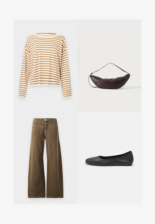Pull à manches longues beige et blanc à rayures horizontales, avec un col rond et une coupe décontractée.; Pantalon marron taille haute à jambes larges avec bouton devant, passants de ceinture, et coutures visibles sur fond clair.; Ballerines en cuir noir avec un bout rond, texture lisse, détails de couture minimalistes et design de semelle flexible.; Sac d'épaule en cuir marron foncé en forme de croissant avec une lanière courbée et des coutures visibles sur fond uni.