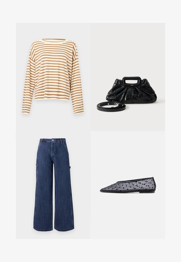 Pull à manches longues beige et blanc à rayures horizontales, avec un col rond et une coupe décontractée.; Pantalon en denim bleu foncé à jambes larges, bouton sur le devant, fermeture éclair, poches latérales et passants de ceinture, présenté sur un fond blanc uni.; Chaussure plate noire à bout pointu, en tissu transparent avec un motif à pois noirs sur un fond clair.; Petit sac à main en cuir noir avec texture froncée, poignée rectangulaire et fine bandoulière amovible placée à côté.