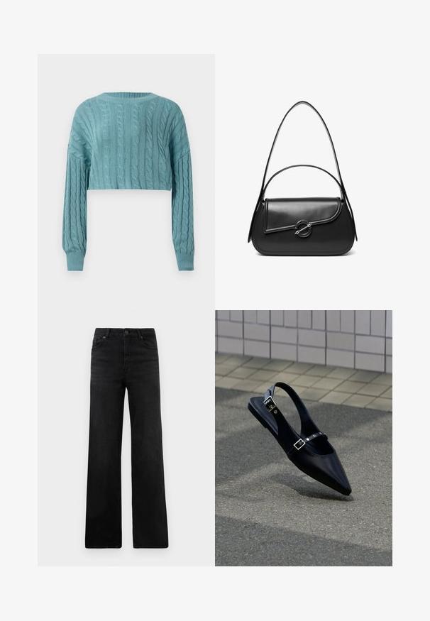 Pull en tricot torsadé bleu clair, court, avec des manches longues et des poignets et un col côtelés, sur fond blanc.; Jean en denim noir à jambe large avec un design classique à cinq poches, doté d'une fermeture à bouton et d'une texture subtile. Lignes épurées et embellissements minimalistes.; Mocassin noir à bout pointu et bride arrière, avec double boucle, posé sur un asphalt gris près d'un mur carrelé en arrière-plan.; Sac à bandoulière en cuir noir avec un rabat incurvé fermé par un fermoir métallique rond et une sangle fine et ajustable.
