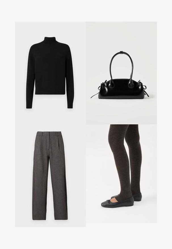 Sort turtleneck sweater med lange ærmer, ribbede manchetter og en tætsiddende kant. Blød tekstur, enkelt design og ensfarvet uden mønstre.; Mørkegrå højtaljede vide bukser med bæltestropper, foran plisseringer og skjult for lynlås.; Ben iført mørke ribbede leggings kombineret med sorte balletsko med små sløjfedetaljer på hvid baggrund.; Lille sort blank håndtaske med to lange håndtag og snøre-detaljer i siden på en ensfarvet lys baggrund.