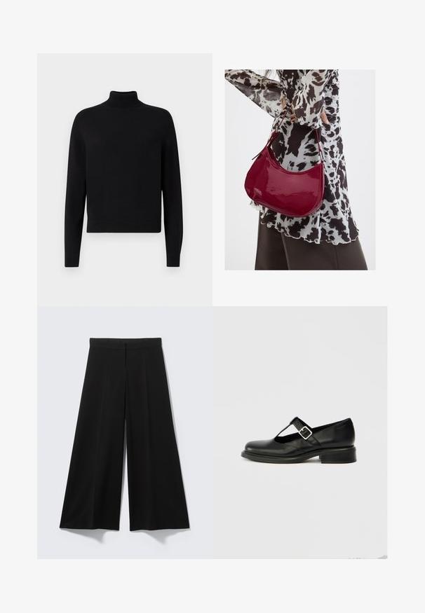 Pull en col roulé noir avec des manches longues, des poignets côtelés et un ourlet ajusté. Texture douce, design simple et couleur unie sans motifs.; Pantalon noir à jambes larges en tissu doux, avec une taille haute, des plis à l'avant, sans éléments métalliques visibles ni motifs.; Chaussure Mary Jane en cuir noir avec un bout rond, un design à bride en T, une boucle réglable et un petit talon empilé. Texture lisse avec peu de détails.; Femme portant un chemisier à motif noir et blanc tenant un sac à main rouge brillant sur un fond uni.
