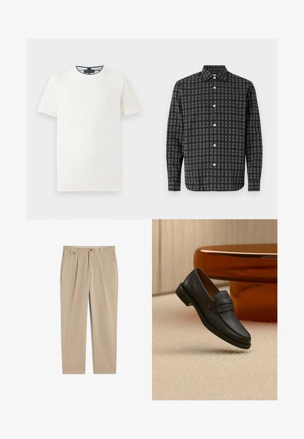 Camiseta de manga corta blanca con patrón texturizado, cuello redondo y ribete a rayas azul marino en el cuello. Tejido ligero. Corte casual.; Camisa negra de manga larga con botones, con un patrón a cuadros blancos y botones blancos, mostrada plana sobre un fondo blanco.; Pantalones beige de pierna recta con trabillas para el cinturón, cierre delantero con botón y cremallera, bolsillos laterales y detalle plisado cerca de la cintura.; Mocasín de hombre de cuero negro con una banda en la parte superior, exhibido sobre una alfombra beige cerca de una mesa circular moderna marrón.