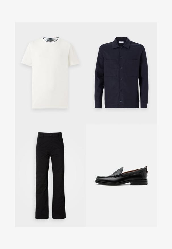 Camiseta de manga corta blanca con patrón texturizado, cuello redondo y ribete a rayas azul marino en el cuello. Tejido ligero. Corte casual.; Camisa de botones azul marino con un cuello clásico, dos bolsillos frontales, mangas largas y una textura suave de tela de algodón.; Pantalones de algodón negros con un diseño de pierna recta, que cuentan con un cierre de botón y lazos para cinturón. Textura suave y estilo minimalista sin patrones visibles.; Mocasín de hombre de piel negra con costura moc toe, tira penny, cuello texturizado y tacón bajo apilado sobre fondo blanco.