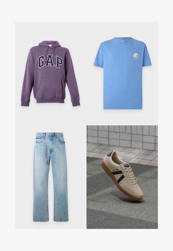 Sweat à capuche violet en mélange de coton, avec une poche kangourou frontale et le logo "GAP" en blanc et marine contrastants. Capuche avec cordons de serrage.; T-shirt bleu clair à manches courtes avec un petit graphique rond représentant un coucher de soleil sur la plage et une vague sur le côté gauche de la poitrine.; Jeans en denim bleu clair avec des jambes larges et droites, design à cinq poches et une taille avec passants de ceinture. Le tissu présente une texture légèrement décolorée.; Baskets beiges avec une finition texturée, bandes navy et semelle en caoutchouc. Équipées d'une languette rembourrée et d'un système de laçage traditionnel pour un maintien sécurisé.