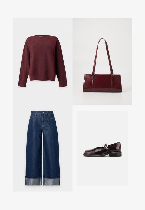 Pull manches longues col rond de couleur bordeaux foncé avec poignets et ourlet côtelés, présenté sur un fond gris clair uni.; Jean large en denim bleu foncé à taille haute, design à cinq poches, et revers pliés dévoilant le tissu intérieur plus clair.; Chaussure Mary Jane unique brillante couleur bordeaux foncé avec une large bride et une boucle argentée, talon bloc bas et bout arrondi sur fond blanc.; Sac à main bordeaux en matériau brillant, de forme rectangulaire, avec deux anses et des accents légèrement courbés à l'avant.