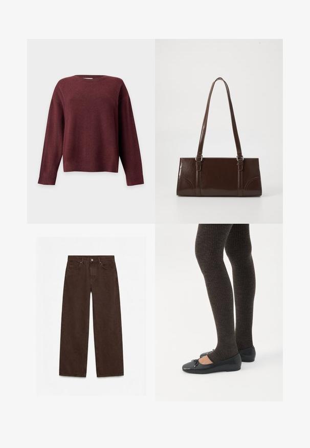 Pull manches longues col rond de couleur bordeaux foncé avec poignets et ourlet côtelés, présenté sur un fond gris clair uni.; Pantalon droit taille haute marron foncé avec bouton à l'avant, fermeture éclair, passants de ceinture et design cinq poches.; Jambes portant des leggings côtelés foncés associés à des ballerines noires avec de petits détails en nœud sur fond blanc.; Sac à main en cuir verni marron de forme rectangulaire, avec deux longues poignées et des accents courbés subtils à l'avant.