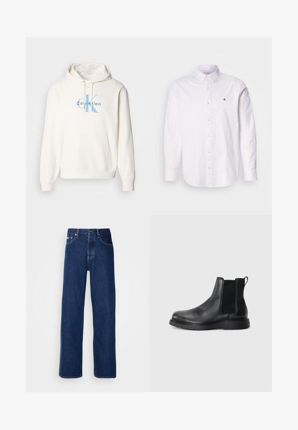 Sudadera crema con bolsillo delantero tipo canguro, capucha con cordón y logo azul de Calvin Klein impreso en el pecho. Material de algodón suave.; Camisa blanca de algodón, con cuello clásico, mangas largas y un pequeño logo de CK en el lado izquierdo del pecho. Textura suave.; Vaqueros de mezclilla azul oscuro con un diseño de pierna ancha, que presentan un cierre de botón y el clásico estilo de cinco bolsillos. La tela tiene una textura suave.; Botas Chelsea de cuero negro con acabado texturizado, paneles laterales elásticos y una suela de goma resistente. Marca sutil en el talón.