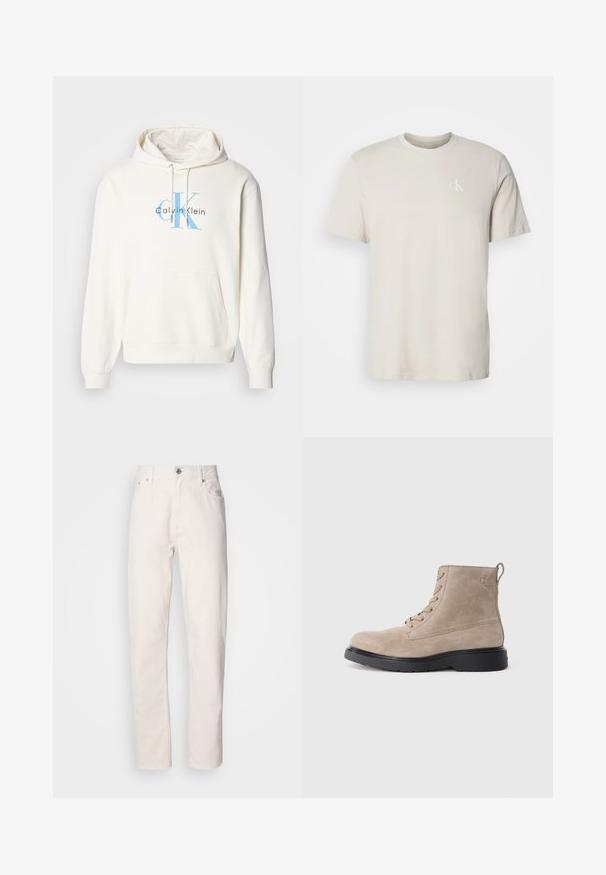 Sudadera crema con bolsillo delantero tipo canguro, capucha con cordón y logo azul de Calvin Klein impreso en el pecho. Material de algodón suave.; Camiseta beige de algodón con cuello redondo y mangas cortas, con pequeño logo blanco "cK" en el lado izquierdo del pecho.; Jeans de denim blanco de pierna recta con cierre de botón y cremallera, lazos para cinturón y bolsillos delanteros y traseros, mostrados sobre un fondo liso.; Botines de ante beige con suela de goma negra, diseño con cordones y un pequeño logotipo grabado en el lateral, que cuenta con una lengüeta en la parte posterior.