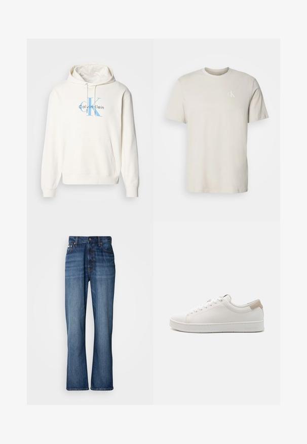 Sudadera crema con bolsillo delantero tipo canguro, capucha con cordón y logo azul de Calvin Klein impreso en el pecho. Material de algodón suave.; Camiseta beige de algodón con cuello redondo y mangas cortas, con pequeño logo blanco "cK" en el lado izquierdo del pecho.; Jeans de mezclilla azul con cintura alta, piernas acampanadas, diseño de cinco bolsillos y costuras tonales. Cuenta con cierre de botón y bolsillos remachados.; Zapatillas blancas con parte superior de cuero suave, punta redonda, seis ojales y un acento en beige en el talón. Presentan una suela de goma blanca y un branding sutil.