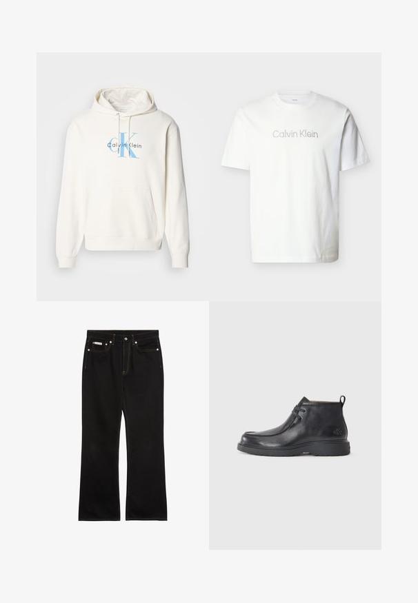 Sudadera crema con bolsillo delantero tipo canguro, capucha con cordón y logo azul de Calvin Klein impreso en el pecho. Material de algodón suave.; Camiseta blanca de manga corta hecha de algodón, con un logo gris de "Calvin Klein" en el pecho con una tipografía minimalista.; Vaqueros negros de pierna recta con costuras naranjas, cinco bolsillos, cierre de botón y una pequeña etiqueta Calvin Klein en el bolsillo delantero derecho.; Botas de cuero negras hasta el tobillo con punta redondeada, diseño con cordones y una lengüeta en la parte trasera. Parte superior texturizada y suela de goma.