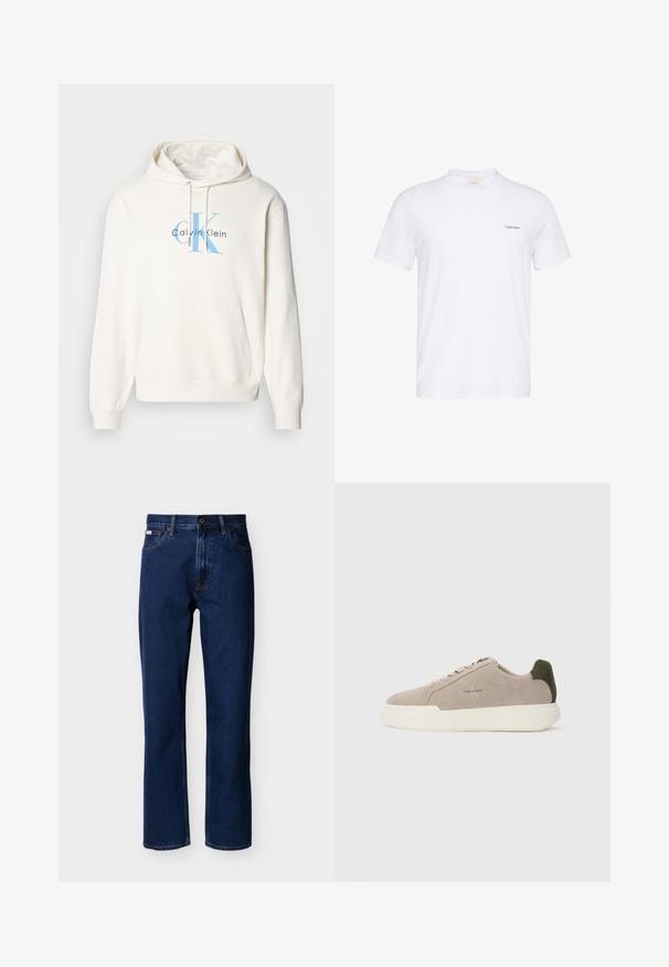 Cremfarbener Hoodie mit einer vorderen Kängurutasche, verstellbarem Kapuzenzug und blauem Calvin Klein Logo auf der Brust. Weiches Baumwollmaterial.; Weißes T-Shirt mit kurzen Ärmeln und Rundhalsausschnitt, mit kleinem schwarzem Calvin Klein-Logo auf der linken Brust.; Dunkelblaue, gerade geschnittene Jeans aus Denim, mit klassischem Fünf-Taschen-Design, dezenter Nahtführung und vorderer Knopfverschluss.; Beige Wildledersneaker mit einer weißen Gummisohle, die einen dunkelgrünen Akzent an der Ferse und dezente Markenaufschrift an der Seite aufweisen.