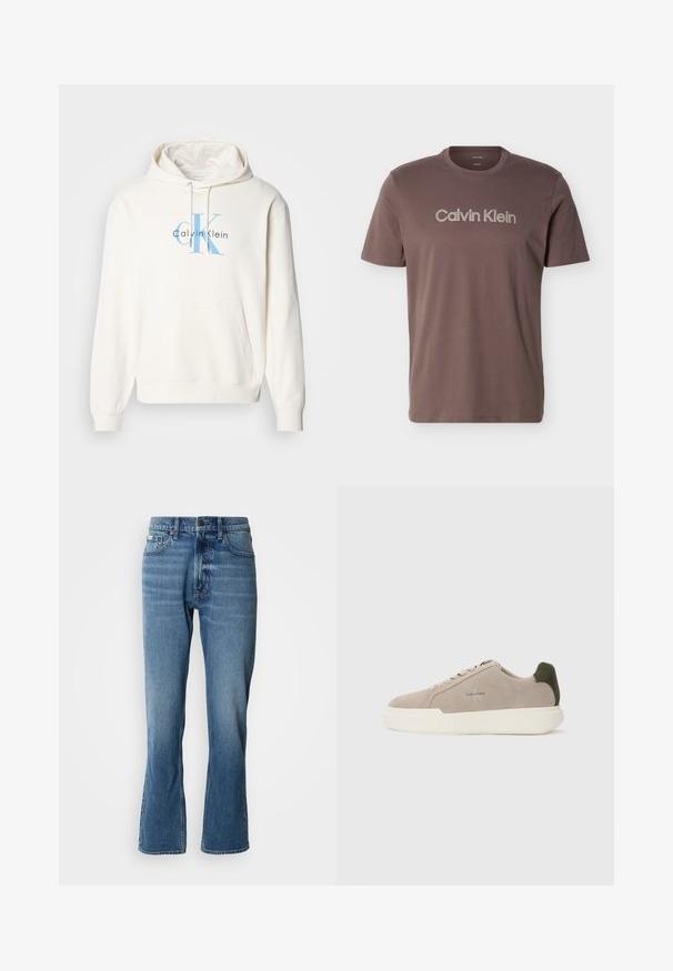 Kreemikaalne kapuutsiga jättetaskuga pusakar, tõmbluku kapuutsiga ja sinine Calvin Klein logo prinditud rinnal. Pehme puuvillane materjal.; Pruun lühikeste varrukatega t-särk ümara kaelusega, kus rinnal keskel on "Calvin Klein" logoga tekst.; Heledad sinised teksad sirge lõike ja kerge laienemisega. Omab viit taskut, nööpkinnitust ja peeneid kulumisjälgi.; Beez suède tossudega valge kummist tallaga, tumeroheline kanna aktsent ja peened brändingud küljel.