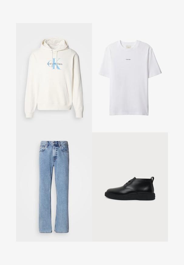 Sudadera crema con bolsillo delantero tipo canguro, capucha con cordón y logo azul de Calvin Klein impreso en el pecho. Material de algodón suave.; Camiseta blanca de algodón con cuello redondo y mangas cortas. Cuenta con un pequeño logo negro de "Calvin Klein" centrado en el pecho.; Jeans de mezclilla azul claro con un diseño de pierna recta, cinco bolsillos y cierre de botón. Detalles de costura cerca de los bolsillos y la cintura.; Zapato de cuero negro hasta el tobillo con cordones, suela gruesa de goma y lengüeta en el talón, mostrado en perfil lateral sobre un fondo liso.