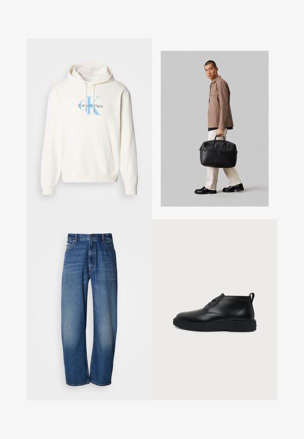 Sudadera crema con bolsillo delantero tipo canguro, capucha con cordón y logo azul de Calvin Klein impreso en el pecho. Material de algodón suave.; Jeans vaqueros de pierna ancha en un tono azul medio. Cuentan con cremallera, cinco bolsillos y un ligero desgaste para un aspecto usado. Detalle clásico de costuras.; Zapato de cuero negro hasta el tobillo con cordones, suela gruesa de goma y lengüeta en el talón, mostrado en perfil lateral sobre un fondo liso.; Bolsa de viaje de cuero negro con asas dobles y cierre con cremallera, mostrada por una persona que lleva una chaqueta beige y pantalones blanco roto.