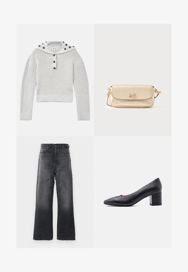 Pull gris clair en tricot côtelé avec une coupe courte, agrémenté d'une patte de boutonnage et d'une capuche ornée d'accents en forme de fleurs.; Jeans larges gris foncé en denim, dotés d'une taille haute, de poches avant et d'une fermeture à boutons classique. Décoloration subtile visible.; Escarpin en cuir noir à talon moyen avec un bout légèrement pointu et un petit détail de boucle métallique sur le côté supérieur.; Sac à bandoulière en cuir texturé doré Michael Kors avec rabat et chaîne dorée sur fond uni.