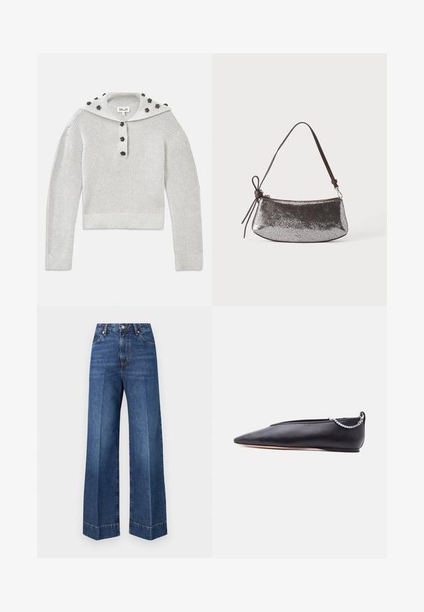Pull gris clair en tricot côtelé avec une coupe courte, agrémenté d'une patte de boutonnage et d'une capuche ornée d'accents en forme de fleurs.; Jean en denim bleu à taille haute, jambes larges, poches avant, fermeture par boutons, avec des détails de couture visibles sur un fond blanc uni.; Chaussure plate noire en cuir pointue avec un petit talon et un détail de chaîne argentée à l'arrière sur un fond uni.; Petit sac à main argenté métallique avec une surface texturée, une courte sangle marron foncé et un nœud décoratif noué d'un côté.