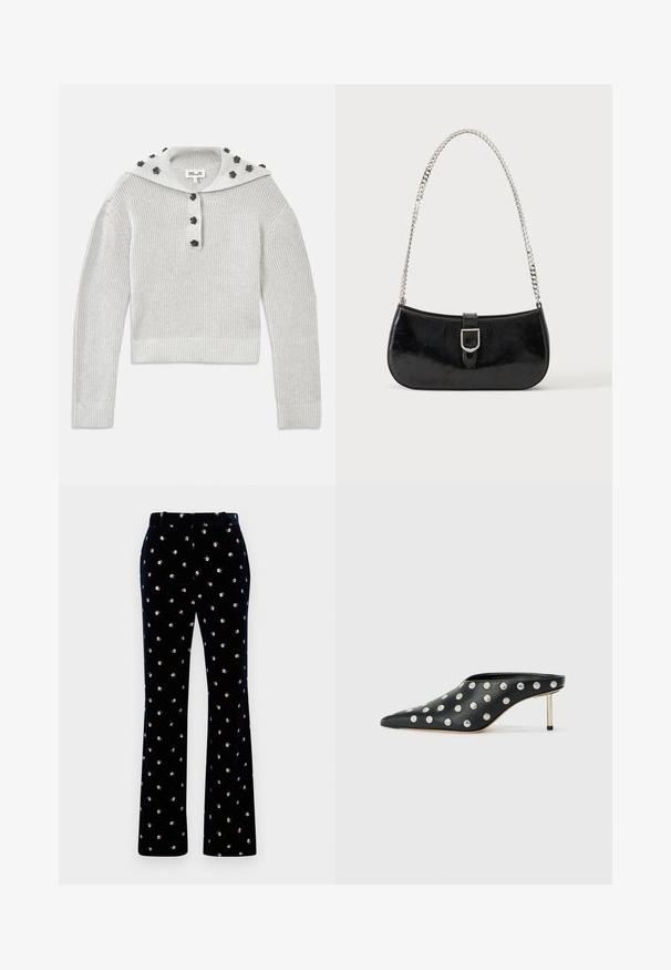 Pull gris clair en tricot côtelé avec une coupe courte, agrémenté d'une patte de boutonnage et d'une capuche ornée d'accents en forme de fleurs.; Pantalon en velours noir avec un petit motif floral blanc et rose, passants de ceinture et jambes droites sur fond blanc.; STAND STUDIO KELSEY - Mules à talons - black; Sac à épaule en cuir verni noir avec détail de boucle argentée et bandoulière en chaîne argentée, présenté sur un fond uni clair.