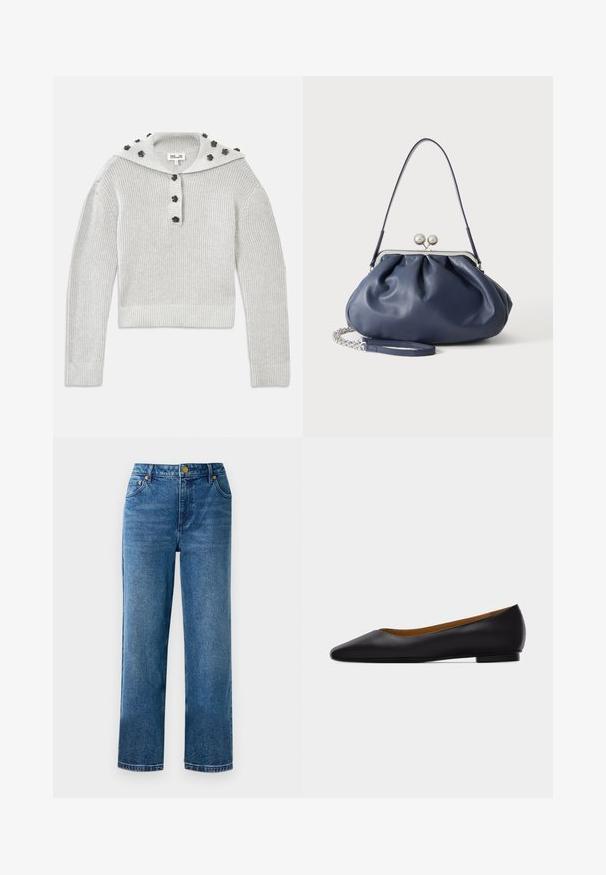 Suéter de punto acanalado en gris claro con un diseño recortado, combinado con una tapeta abotonada y una capucha adornada con acentos en forma de flores.; Jeans de tiro alto azules con corte recto, fabricados en denim, que cuentan con cinco bolsillos y detalles en hardware dorado.; Zapato plano de punta puntiaguda de cuero negro con tacón bajo y acabado liso, mostrado de perfil sobre un fondo gris claro.; Bolso de mano de cuero azul marino suave con cierre de broche plateado, una correa de hombro y correa de cadena desmontable para la muñeca sobre fondo blanco.