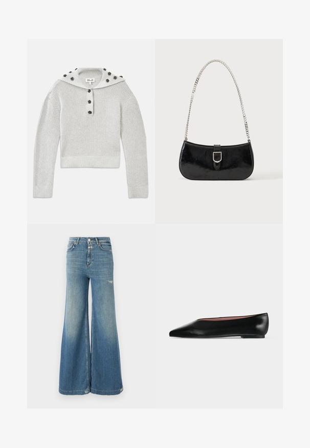 Lys grå, ribbet striktrøje med en cropped design, samlet med en knaplukning og en hætte udsmykket med blomstformede accenter.; CLOSED GLOW UP - Wide leg - mid blue; Sort damesko i læder med flad hæl og spids tå, vist fra siden på en ensfarvet lys grå baggrund.; Sort skuldertaske i laklæder med sølv spænde og sølv kæderem, vist mod en ensartet lys baggrund.