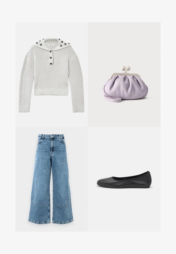 Suéter de punto acanalado en gris claro con un diseño recortado, combinado con una tapeta abotonada y una capucha adornada con acentos en forma de flores.; Jeans de denim celeste de piernas anchas con una cintura alta, grandes bolsillos frontales y costuras visibles. Presenta un diseño clásico de cinco bolsillos.; Bailarina de piel negra con punta redondeada, textura suave, detalle de costura minimalista y diseño de suela flexible.; Bolso de mano suave de lavanda con tela recogida, cierre de beso plateado y correa de muñeca a juego sobre un fondo liso y claro.