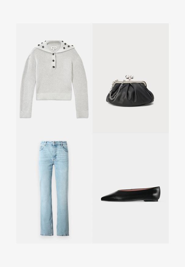 Lichtgrijze, geribbelde gebreide trui met een cropped ontwerp, verbonden door een knoopsluiting en een capuchon versierd met bloemvormige accenten.; Lichtblauwe denim jeans met een rechte pasvorm, vijf-pocketontwerp en een lichte flair aan de onderkant. Afgewerkt met contrasterende stiksels.; Zwarte leren damesschoen met platte zool, puntige neus en lage hak, zijwaarts afgebeeld tegen een effen lichtgrijze achtergrond.; Zwarte leren clutch met geplooide textuur, zilverkleurig metalen frame, drukknopsluiting en kettingriem. Glad, zacht oppervlak.